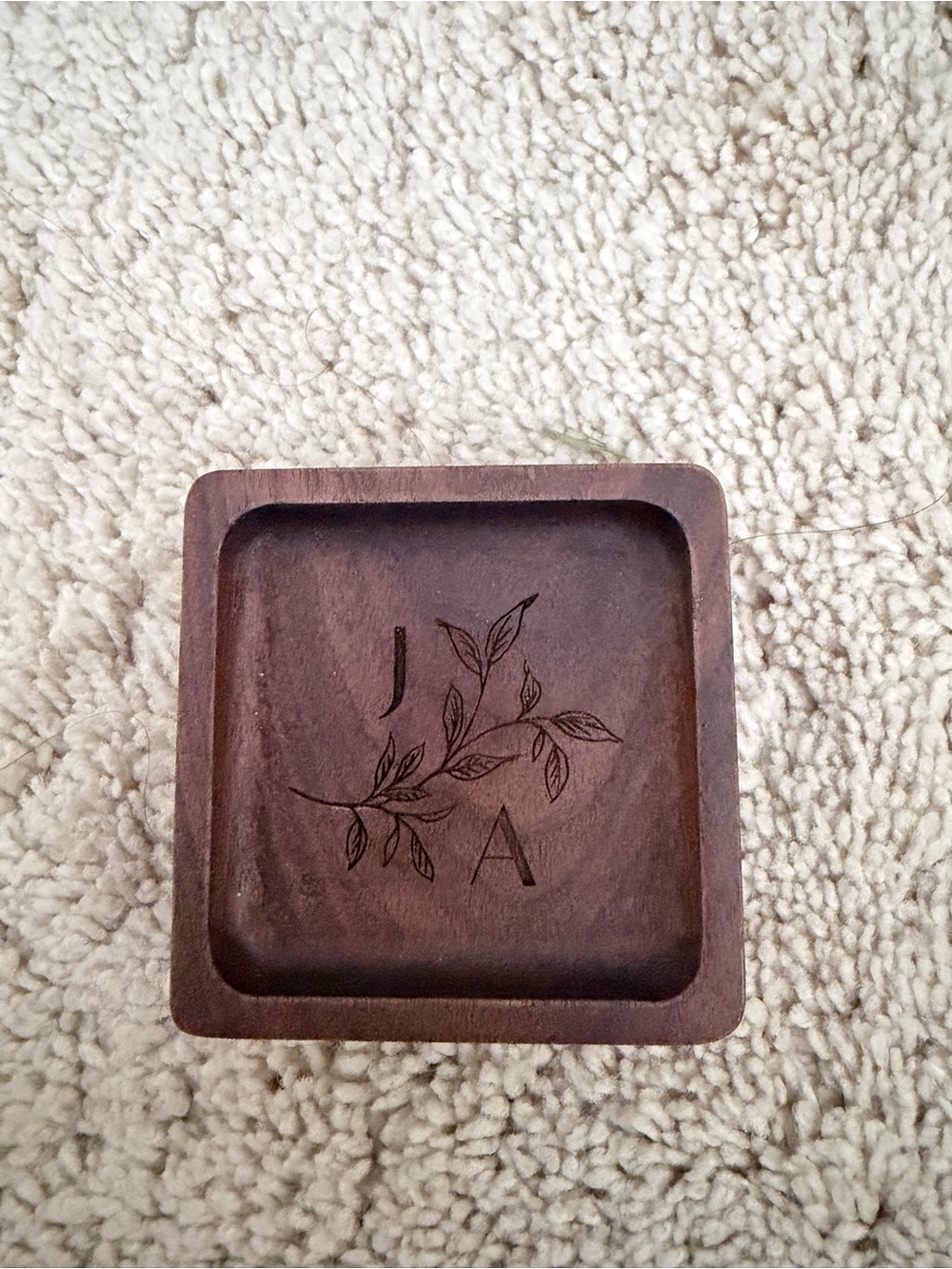 J & A Engraved Dark Wood Trinket Dish with Leaf Motif